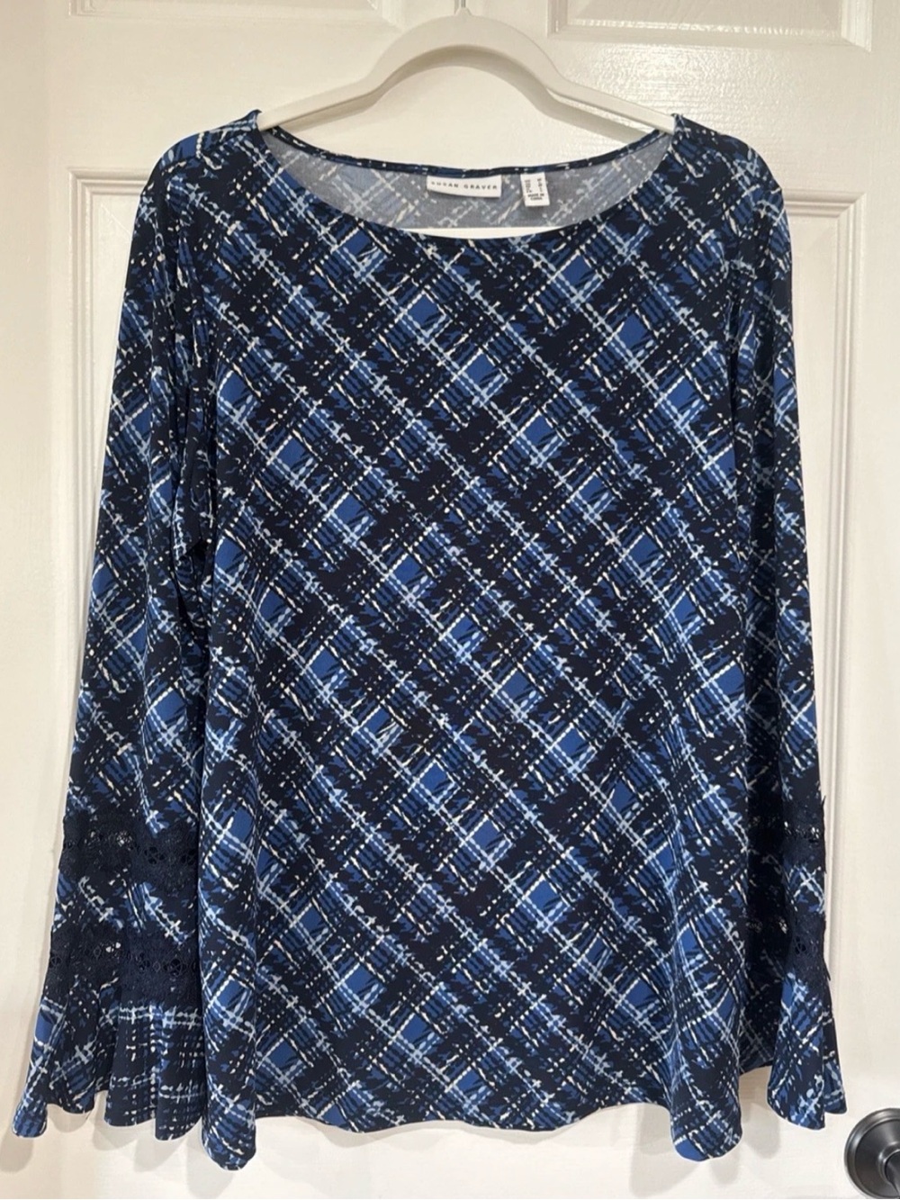 Susan Graver Women's M Top Flared Sleeve Blue Plaid Lace Accent Boho Coquette